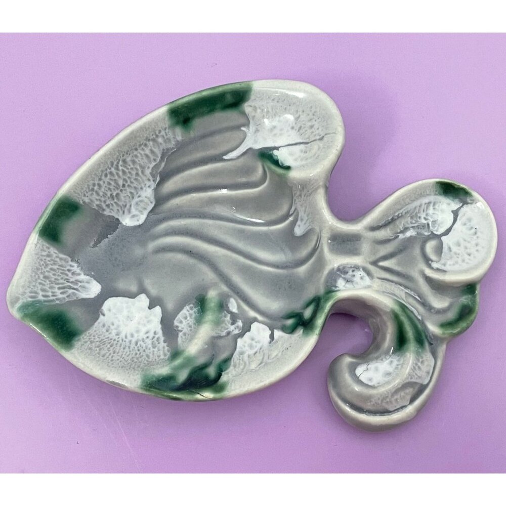 Vintage 80s fish soap dish, green, white and grey, ceramic soap holder